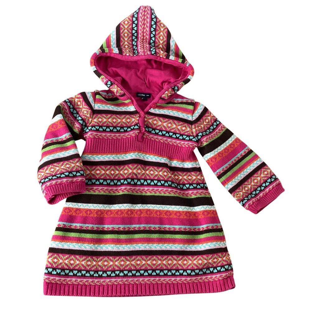 Baby Gap Sweater Dress Hooded 100% Cotton Hoodie Fair Isle Stripes Sz 18-24 mos